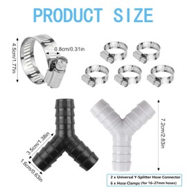 Washing Machine Hose Connector - 2 Way Y Splitter for Washing Machine and Dishwasher, Double Waste Pipe Connector Splitter, Drain Hose Dual Connector, 2 Y-Connector + 6 Hose Clamps for 16-27mm Hoses