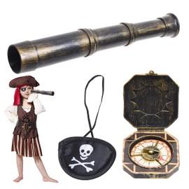Cosplay Telescope and Compass Prop with Pirate Themed Eye Patch - Antique Retro Party Supply Accessory Decor - Vintage Treasure Spyglass Sundial Ship Captain Eye Patch for Themed Events Stage Plays