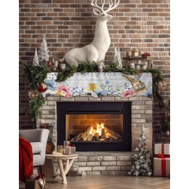 Victoroes Easter Mantle Scarf 70 x 17 Inch, Spring Flowers Bunny Rabbit Wood Grain Fireplace Mantel Scarf Mantel Cover Runner for Easter Day, Seasonal Holiday, Home Party, Indoor Outdoor Decoration