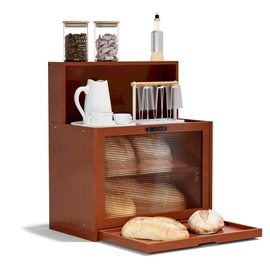 BUTUNITA Bread box for Kitchen Countertop, Farmhouse BreadBoxes for Kitchen Counter Airtight, Large Bamboo Organizer for Homemade Bread Storage, Cups, Spices & Snacks, Dark Brown