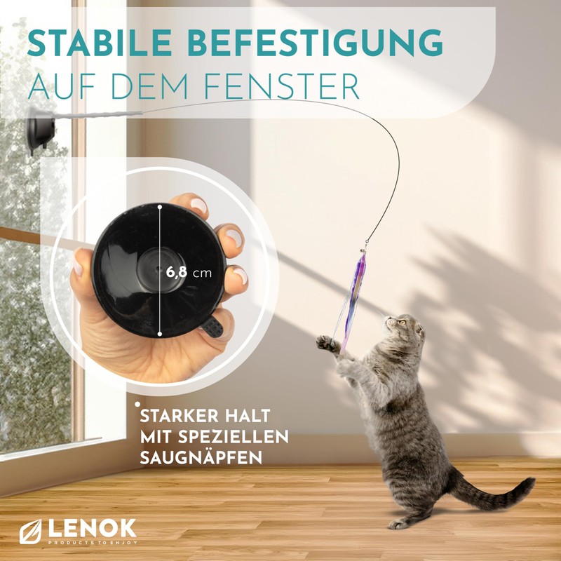 LENOK Cat Fishing Toy with Suction Cup and Feathers -