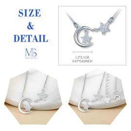 MICSAVI Star and Moon Necklace Women's 925 Sterling Silver Half Moon with Double Star Necklace for Women and Girls, Cubic Zirconia Sterling Silver, Cubic Zirconia