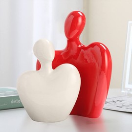 Hosoncovy Ceramic Couple Sculpture Love Couple Statue Hug Sculpture Couple Figurine Couple Art Ornament Lovers Statue Couple Gift for Wedding, Anniversary, Valentine’s Day, Birthday (White and Red)