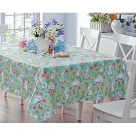 Newbridge Easter Cotton Tail Bunny Party Vinyl Flannel Backed Spring Tablecloth - Cottage Style Bunny Rabbit, Easter Egg & Floral Wipe Clean Easy Care Vinyl Tablecloth, 52" x 52" Square