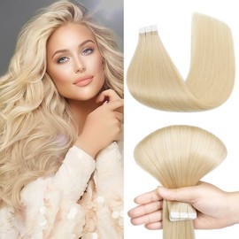Benehair Tape-In Real Hair Extensions, 12 Inch Tape-In Hair Extensions, Invisible Tape-In Real Hair Extensions, Silky Straight, 100% Remy Hair, 10 Pieces, 20 g, Light Blonde Human Hair with Tape #613