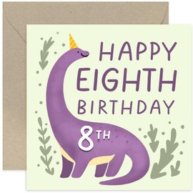 Old English Co. Happy 8th Birthday Card for Boy or Girl - Purple Dinosaur Eighth Birthday Card - Age Eight Card - For Son, Daughter, Grandson, Granddaughter | Blank Inside Envelope