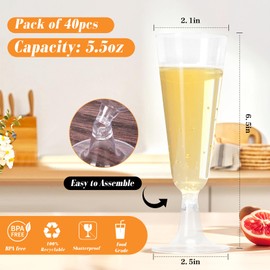 Plastic Champagne Flutes 40 Pack, 5.5 Oz Clear Disposable Plastic Champagne Glasses, Wine Glasses Cups for Wedding Celebration Birthday Party Wine Tasting New Years Eve Party Supplies