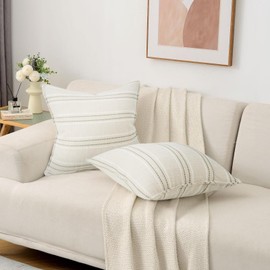18X18 Decorative Farmhouse Linen Throw Pillow Covers, Boho Textured Pillow Case Set of 2 ,Beige with White & Gray Stitch Yarn Dyed Stripe Cushion Cover ,Modern Accent Square Pillowcase for Sofa Couch