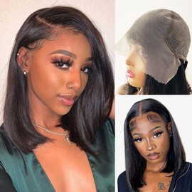 Karlami Bob Hair Wig Human Hair Straight 13x6 Hd Lace Frontal Wigs Pre Plucked 150% Density with Baby Hair Natural Black Side Part Bob Wig 14 inch