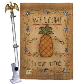 Breeze Decor HS100071-BO-02 Welcome Pineapple Inspirational Sweet Home Decorative Vertical House Flag Set, 28"x 40" w/Flagpole, Multi-Color