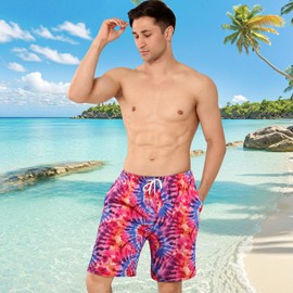 MASOCIO Mens Swimming Shorts Men Swim Trunks with Compression Liner Stretch No Mesh Anti Chafe Double Layer Knee Length Long Men's Swimshorts Quick Dry Summer Beach Surf Board Shorts Tie Dye Red S