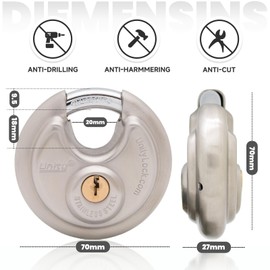 Unity Keyed Padlock 2 3/4''(70mm), Stainless Steel Disc Lock Outdoor use, Round Disc Lock for Self Storage, Storage Unit, Trailer, Truck, Sheds, Fence, Container