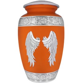 NANIURN Cremation Urns for Human Ashes Adult Female or Man, Funeral Urn for Ashes for Woman & Male, Burial or Decorative Urns, Hand Engraved Angel Wings Urn, Silver Wing, Red & Orange - Large Size