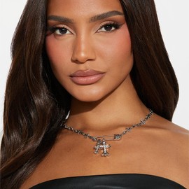 KMYLINKER Faith Cross Necklaces for Women Safety Pin Necklace Silver Chrome Hearts Double Cross Pendant Necklace Y2K Gothic Punk Jewelry for Women Men