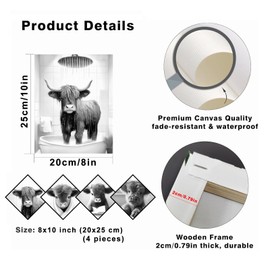 HyeeArt Funny Highland Cow Bathroom Wall Art Prints, Vintage Black and White Rustic Style Cute Bathroom Cow Canvas Art Prints for Bathroom Restroom Decor, Farmhouse Wall Decor