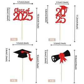 36 Stück Class of 2023 Cupcake-Topper Glitzer 2023 Abschlusskappe Cupcake Picks Diplom Kuchen Dekorationen für 2023 Abschlussfeier Thema Party Zubehör Rot