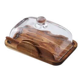 Holz Butterdose mit Glasdeckel - Akazienholz Butterdose mit klarer Kuppel, Klassisches Vintage-Hochzeitskuchen Tablett, Mehrzweck Snack Display Teller, Holzkonstruktion für Servieren und Backen