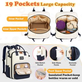RAINSMORE Diaper Bag Backpack, Large Waterproof Baby Bag with Changing Pad, Detachable Crossbody Bag & Stroller Straps Travel Diaper Backpack for Moms Dads Unisex Baby Essentials Organizer