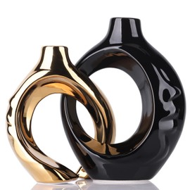 Black Gold Ceramic Vase Set of 2 for Modern Home Decor,Round Boho Vase for Pampas Grass,Neutral Minimalist Statue for Dining Room Table Centerpiece Dining Room,Wedding Table Decoration