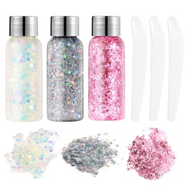 URAQT Body Glitter Gel, Holographic Mermaid Sequins, Chunky Cosmetic Face and Sparkling Festival Party Lotion for Eyes, Hair, Nails, Makeup, DIY Art, White and Silver Pink, 3