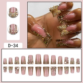 FIEONCIY Press on Nails Duck Shaped Acrylic Medium Duck French False Nails with Designs Artificial Duck Shaped Fake Nails with Charms Glue ons Nails Stick on Fingernails for Women Girls(D34)