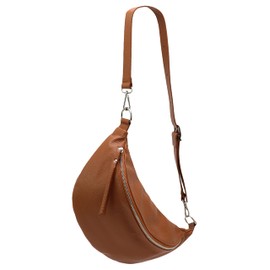 SH Leder Greta G747 Genuine Leather Women's Unisex Chest Bag for Festival Travel Medium Waist Bag Crossbody Bag Adjustable Shoulder Strap Women Leather Bag 37 x 21 cm, Dark Cognac, Crossbody Bag