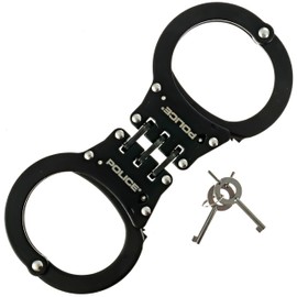 Handcuffs – Heavy Duty Police Grade Professional Steel Hinged Hand Cuffs, Double Lock Metal Black Finish for Security & Personal Safety with Holster Case