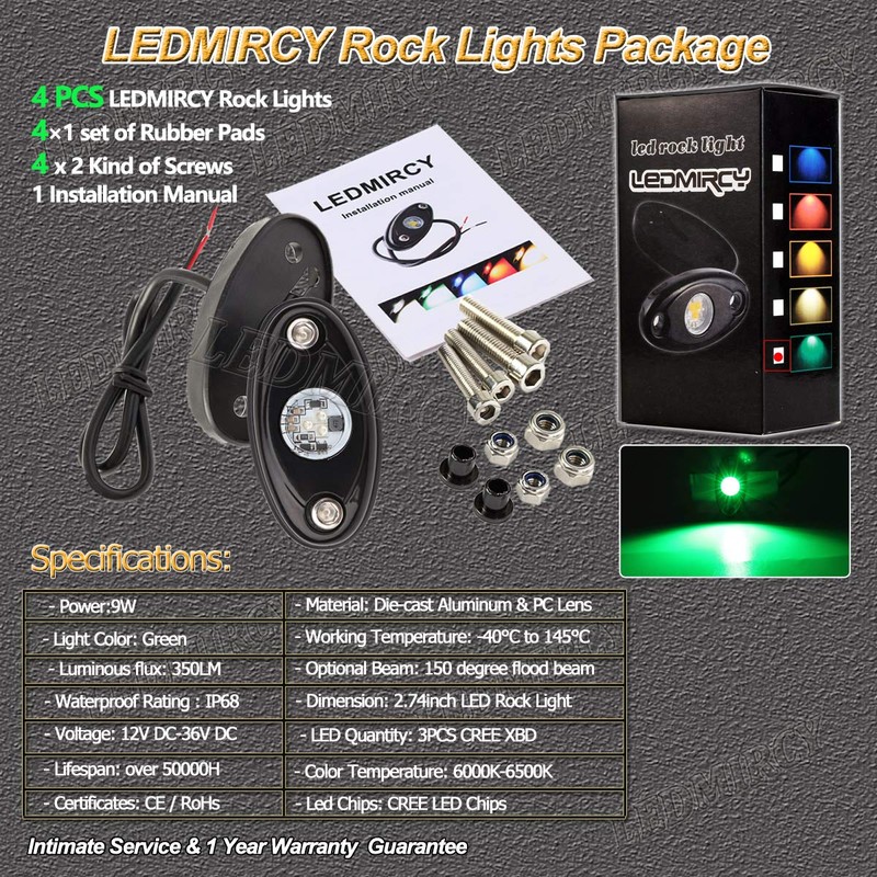LEDMIRCY LED Rock Lights Green Kit 4PCS for Off Road