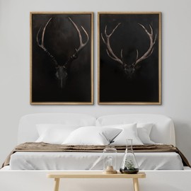 SIGNWIN Framed Canvas Print Wall Art Rustic Antler Skull Dark Dramatic Black Vintage-Inspired Deer and Elk Antlers Illustrations Decorative for Living Room, Bedroom, Office - 16"x24"x2 Natural