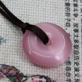 Pink Created Opal Cat Eye Circle Coin Peace Donut 30M Beads Adjustable Braided Rope Pendant Necklace