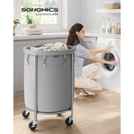 SONGMICS 29-Gallon (110 L) Laundry Basket with Wheels, Rolling Round Heavy-Duty Laundry Hamper Cart with Steel Frame and Removable Bag, 2 Locking Wheels, Gray and Metallic Silver URLS002G01