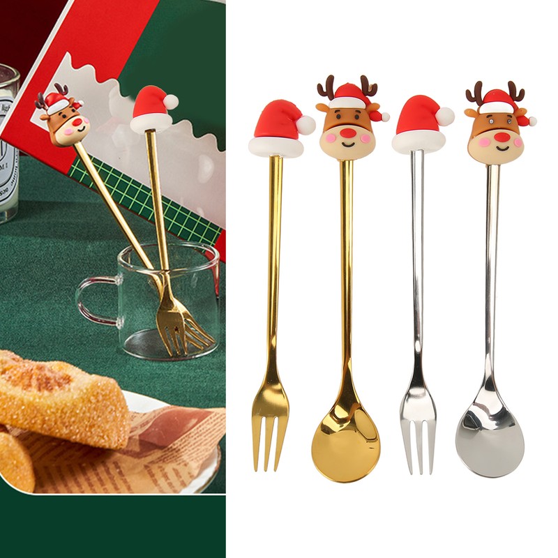 4Pcs Christmas Spoons and Forks Set Stainless Steel Cartoon Funny