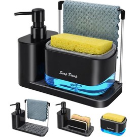 Hand and Dish Soap Dispenser Set with Tray, Dual Soap Dispenser with Sponge Holder and Dishcloth Holder 5-in-1 Organizer for Kitchen Sink Countertop Storage Organize - Useful Kitchen Gadgets (Black) - Colour: Black Tray Soap Dispenser Set