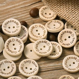 NAMVO 100pcs 2 Holes Handmade with Love Natural Wood Sewing Button 25mm