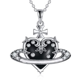 MONGAS Witch Heart Necklace Punk Heart Saturn Necklace Sterling Silver Black Heart Gothic Jewelry for Women