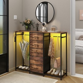 Espelism Dresser for Bedroom with Clothes Rack 5 Drawer Dresser with Charging Station LED Lights White Chest of Drawers Flexible Shelf and Open Storage Space for Bedroom Living Room (Brown)