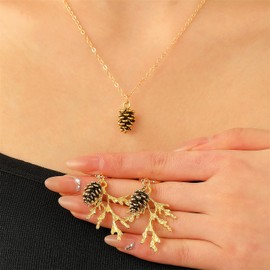 Pine Cone Dangle Earrings Necklace Autumn Vintage 3D Pinecones Acorn Pine Leaf Hoops Outdoors Jewelry Set for Women Fall Thanksgiving Day Winter Christmas Holiday Nature Lovers Jewelry Decorations (Gold pinecone)