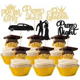 Gyufise 24Pcs Black Gold Prom Cupcake Topper Prom Decorations for Party 2025 Graduation Cupcake Topper 2025 Graduation Decorations Class of 2025 Party Decoration Supplies