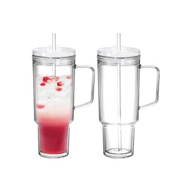 Icesip 40 oz Tumbler with Handle and Straw Double Wall Reusable Plastic Clear Tumbler with Lid Acrylic Water Travel Mug Cups 2 Pack