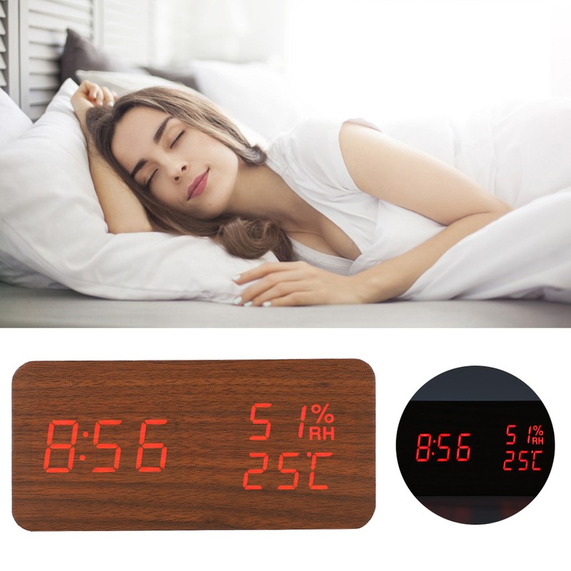 Wooden Alarm Clock LED Voice Control Desk Rectangular Brown Wood