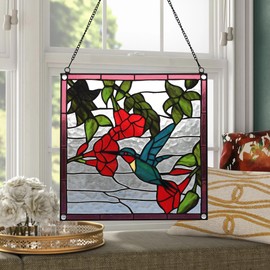 YOURANJU Stained Glass Window Hanging Handicraft 12" Tiffany Animal Style Hummingbird Windows Suncatcher Square Glass Window Panel Perfect Window Hangings Housewarming Gift (With Chain Hook)