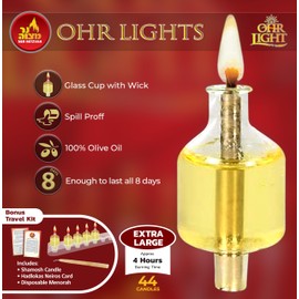 Pre Filled Hanukkah Menorah Oil Cups - 100% Olive Oil Menorah Cups with Wick Ready to Use - 44 Pk Ohr Lights - X-Large Burns Approx 4 Hours