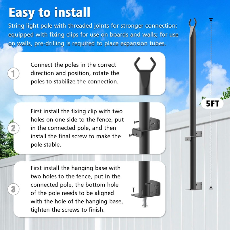 2 Pack String Light Poles,5 Ft Metal Poles with Fence