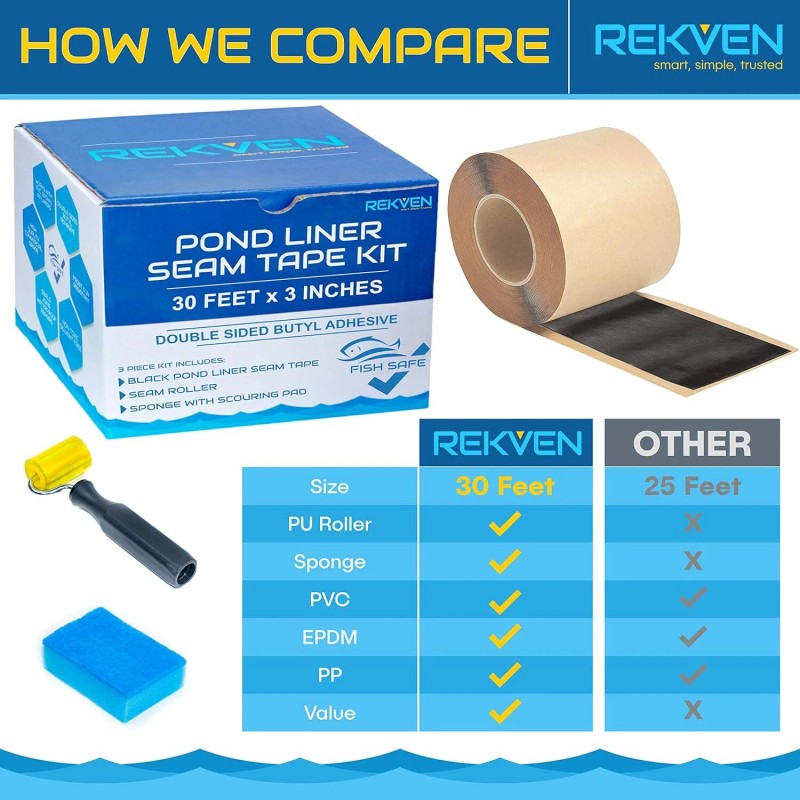 REKVEN 30Ft Butyl Seam Tape For Pond Liner Repair Heavy