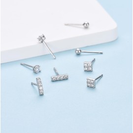 Sterling Silver Stud Earrings for Women, 4 Pairs Silver Hypoallergenic Bar Round CZ Cartilage Tiny Small Stud Earrings Set with Cubic Zirconia for Multiple Piercings, 4mm*4