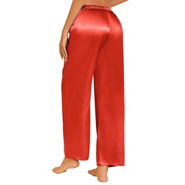 Ekouaer Womens Silk Satin Pajama Pants Casual Loose Lounge Pants Drawstring Elastic Waist Wide Leg Pj Bottoms with Pockets, Red,X-Large