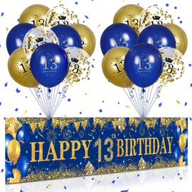 RUMIA 13th Birthday Decor for Kids Boys Girls Blue and Gold, Navy Gold Yard Banner 18PCS Happy Balloons Anniversary Party Supplies Outdoor (23-1)