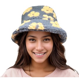 Winter Warm Plush Bucket Hat Daisy Flowers Furry Faux Fur Fuzzy Shearling Fisherman Hats for Women (Beige)