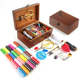 WANDGU 37 Stücke Nähkästchen: Grundlegendes Nähset, Nähzubehör und Zubehör, Premium Nähset mit Nähzubehör, Holz Nähset, Hand Nähen Set, Handnähset, Leder Werkzeug Set für Camping, Heimwerken