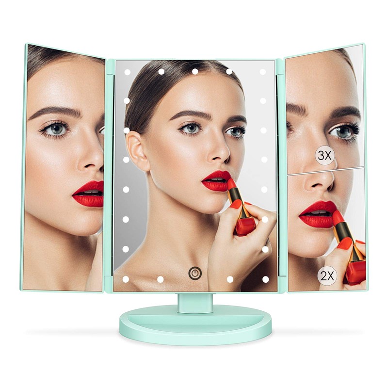 deweisn Tri-Fold Lighted Vanity Tabletop Mount Mirror with 21 LED